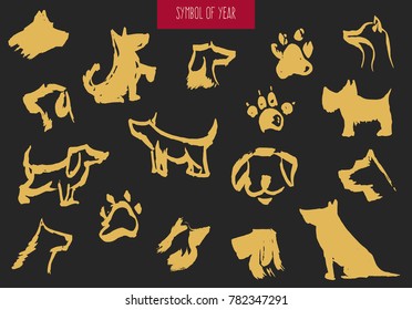 Set of golden dog element silhouettes isolated on black background. Concept chinese zodiac symbol of 2018 year. Sketch traditional vector illustration.
