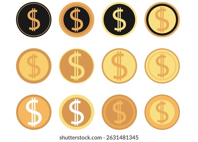 Set of Golden Dollar Coin. Money Symbol Currency Finance