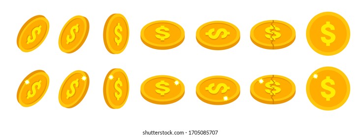 Set of golden dollar coins icons in flat isometric style