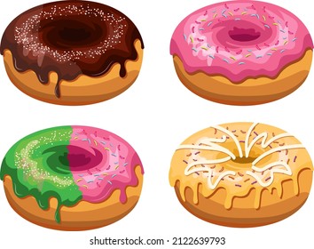 A set of golden donuts with pink, green, chocolate and caramel icing, with multi-colored sprinkles, vector image isolated on white background