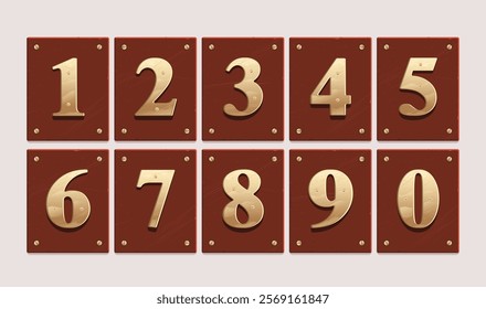 A set of golden door numbers from 0 to 9 displayed on Brown plaques, ideal for creative design and decoration projects. The design highlights elegant typography and a vintage feel.