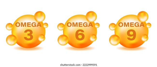 A set of golden drops of Omega icons . Polyunsaturated fats Omega-3, Omega-6, Omega-9. Natural fish, organic vitamin, nutrients. Vitamin Drop Tablets capsules