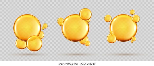 Set of golden drops of Omega three, six and nine. Polyunsaturated fatty acids Omega-3, Omega-6, Omega-9. Natural fish oil, organic vitamin, nutrients. Omega fatty acids. Vector realistic capsules