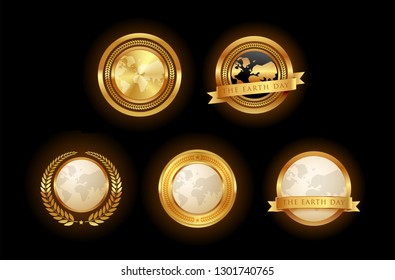 Set of golden earth emblem. Isolated Vector.