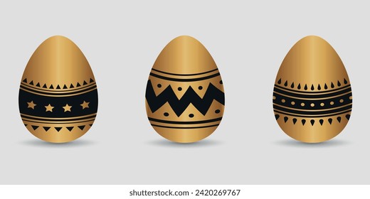 A set of golden Easter eggs with a black pattern. 3 pieces. Vector on a gray background