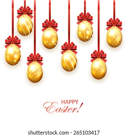 Set of golden Easter eggs with decorative patterns and bow isolated on white background, illustration.