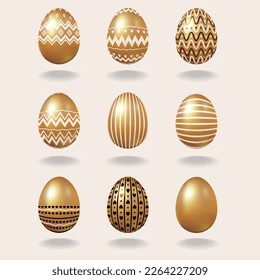 Set of golden Easter eggs with simple patterns