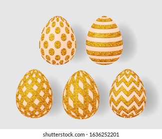 Set of golden easter eggs. Golden textured pattern of dots, stripes and lines. Isolated on a light background. Vector illustration.