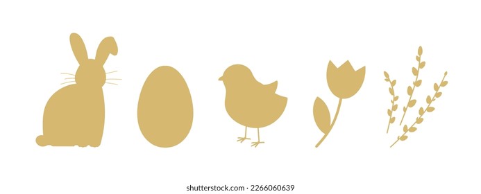 set of golden easter icons: bunny, egg, baby chicken, tulip flower and willow catkins- vector illustration
