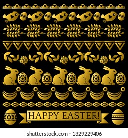 Set of golden Easter Lace Paper with flower, rabbits and eggs. Easter repeatable holidays 
design. Can be used for fabric, wallpaper, web, greeting card, scrap booking, vector