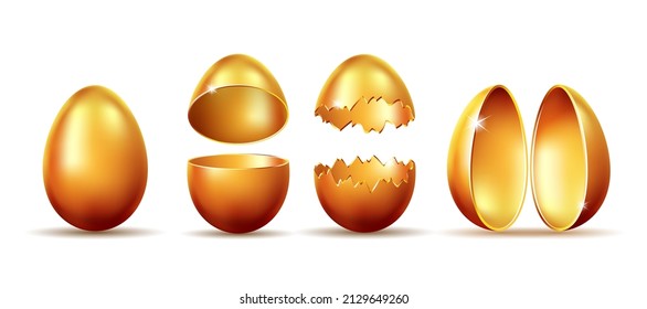 Set of Golden eggs with broken, exploded eggshell. Easter holiday symbol. Investment, money and success concept. Restaurant, cafe menu design. Vector illustration isolated on white