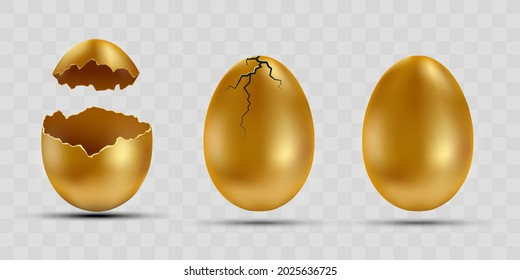 Set of golden eggs with broken shells. Templates are isolated on a transparent background. Vector illustration.