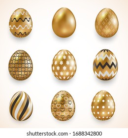 Un conjunto de huevos de oro con pequeños motivos florales y geométricos. Elementos para su diseño. Huevos de Pascua. Ilustración del vector