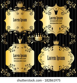 set of golden elegance frames with crowns on striped black background. design elements for little princess, glamour girl and woman. can use for birthday card, wedding invitations. vector illustration