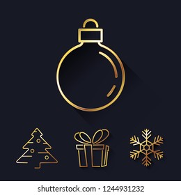 A set of golden, elegant icons. Golden Christmas tree on a dark background. Modern vector illustration.