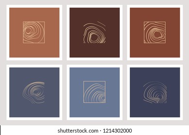 Set of golden elegant minimal thin line logos inspired by a tree stump wood patterns isolated on blue and brown backgrounds