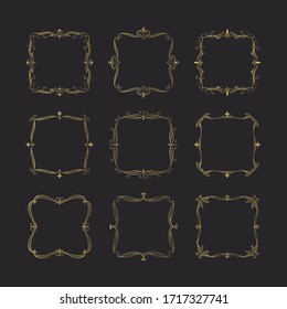 Set of golden elegant squared frames. Hand drawn gold royal borders. Vector isolated classic wedding invitation decor ornaments.