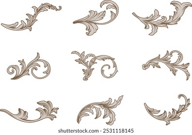 Set golden elegant Victorian ornamental borders, vintage baroque decorative frame elements. Filigree engraved collection vector design illustration