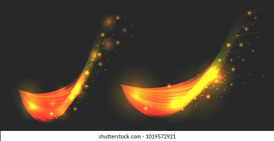 Set of golden elements with shining sparkle on dark background. Vector flaming wings for your design.