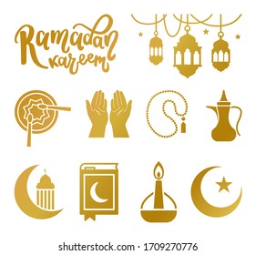 Set of golden emblems for islamic holy holiday Ramadan. Ramadan Kareem calligraphy. Eid al fitr. Lamps, drums, hands praying, rosary, jug, crescent, book, symbol of Islam Ramadan traditions, greeting.