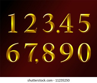 Set of golden emboss numbers on a maroon plate.