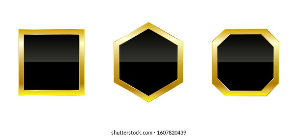 Set of golden empty frames of different shapes vector isolated on white background.