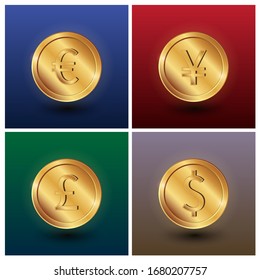Set of the Golden Euro, Dollar, Pound and Yuan 3d coins. Vector Money on the colourful background.