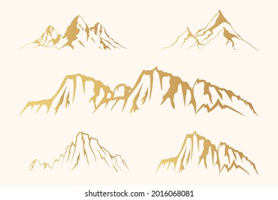 Set of golden everest and alpine mountain silhouettes. Vector isolated illustration with gold rocky and snowy peaks.