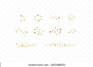 Set of golden falling stars. Cloud of golden stars isolated on transparent background. Vector illustration. Meteoroid, comet, asteroid, stars