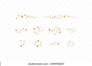 Set of golden falling stars. Cloud of golden stars isolated on transparent background. Vector illustration. Meteoroid, comet, asteroid, stars