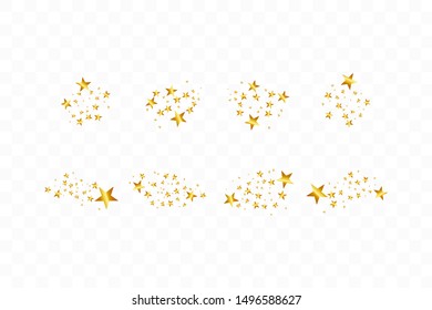 Set of golden falling stars. Cloud of golden stars isolated on transparent background. Vector illustration. Meteoroid, comet, asteroid, stars