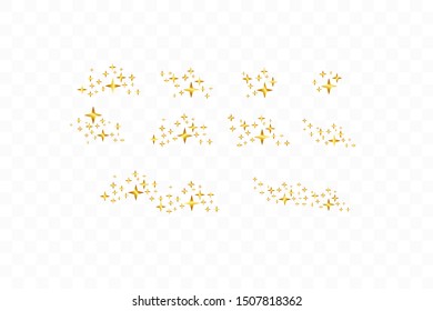 Set of golden falling stars. Cloud of golden stars isolated on transparent background. Vector illustration. Meteoroid, comet, asteroid, stars