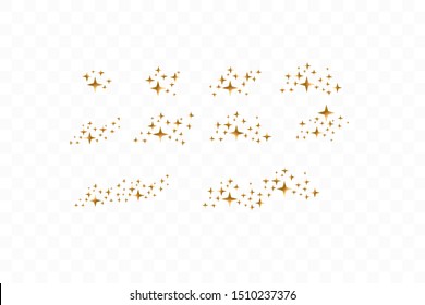Set of golden falling stars. Cloud of golden stars isolated on transparent background. Vector illustration. Meteoroid, comet, asteroid, stars