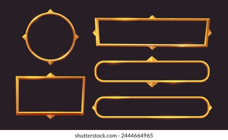 Set Golden fantasy frame menu, game inrerface panel isolated on dark background. Medieval border shiny golden decoration.