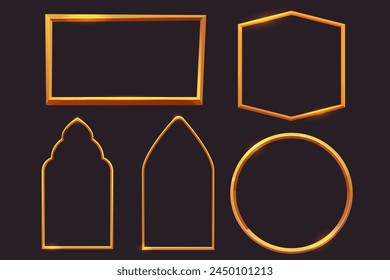 Set Golden fantasy frame menu, game inrerface panel isolated on dark background. Medieval border shiny golden decoration arch, circle.