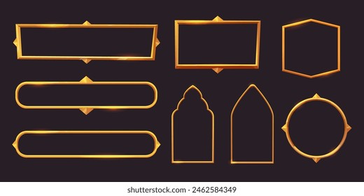 Setzen Sie Golden Fantasy Frame Menu, Spiel-Interface-Panel isoliert auf dunklem Hintergrund. Mittelalterliche Grenze glänzende goldene Dekoration.