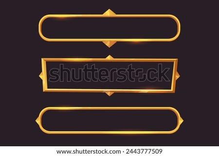 Set Golden fantasy frame menu, game inrerface panel isolated on dark background. Medieval border shiny golden decoration.
