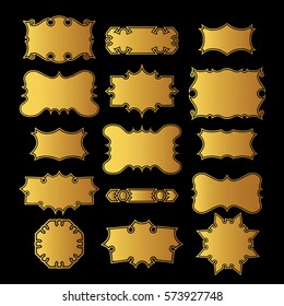 Set of golden fantasy frame stikers, different shapes with sharp edges. Isolated illustration on black. Glamor sketchy handcrafted design elements for background, book, paper, vine and etc. 