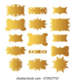 Set of golden fantasy frame stikers, different shapes with sharp edges. Isolated shapes  illustration. Glamor sketchy handcrafted design elements for background, book, paper, vine and etc. 