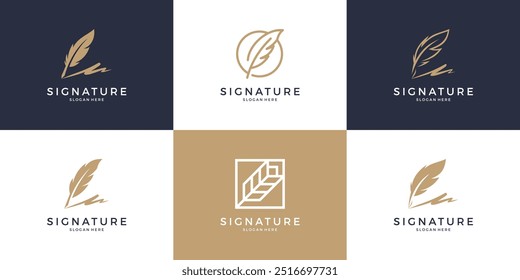 Set of golden feather signature logo design. Minimalist quill ink logo template.