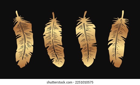 Set of golden feathers silhouettes.