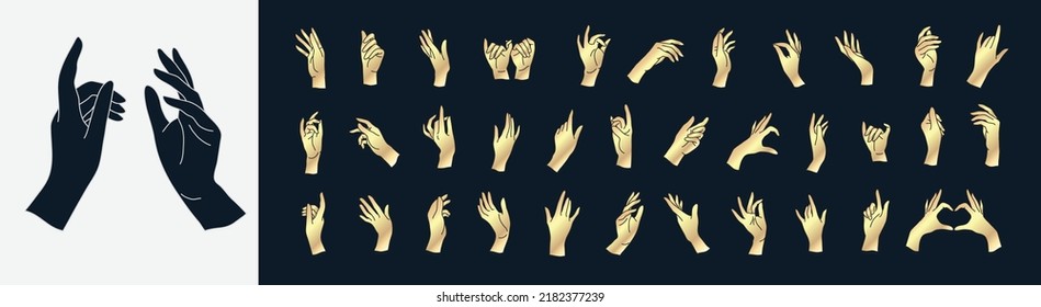 Set of golden female beauty hands silhouette. Editable outline stroke size. Line flat contour, thin and linear design. Simple icons. Concept illustration. Sign, symbol, element.