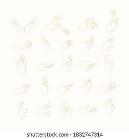 Set of golden female hands and gestures. Gold human arms in celestial and boho style. Esoteric elements.