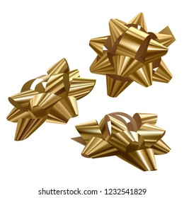 Set of golden, festive bows in different angles on white background, vector illustration