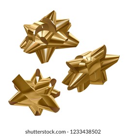 Set of golden, festive bows in different angles on white background, vector illustration