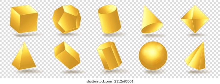 Set of golden figures. Volumetric objects, rendering, elements for stylish design of website and animations. luxury and wealth. Cartoon isometric vector illustration isolated on transparent background