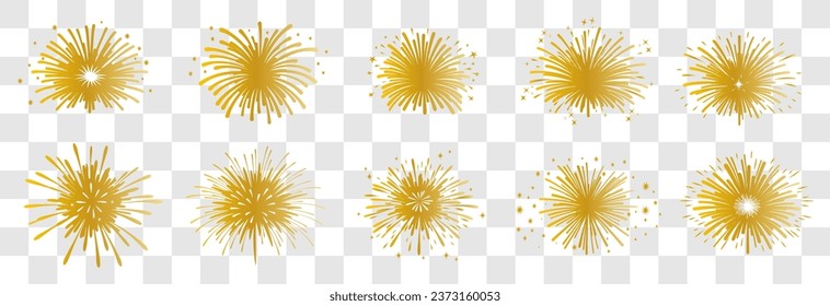 Juego de íconos de fuegos artificiales dorados. Fuegos artificiales con estrellas y chispas aisladas en fondo transparente .Iconos simples de línea negra de fuegos artificiales.	