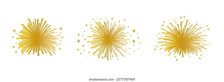 Set of golden firework icons. Fireworks with stars and sparks .Firework simple black line icons.	