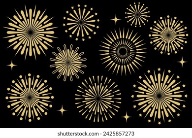 Set of golden firework icons. Fireworks with stars and sparks isolated on black night background. Exploding festival fireworks collection, Design concept for holiday banner, poster, greeting card