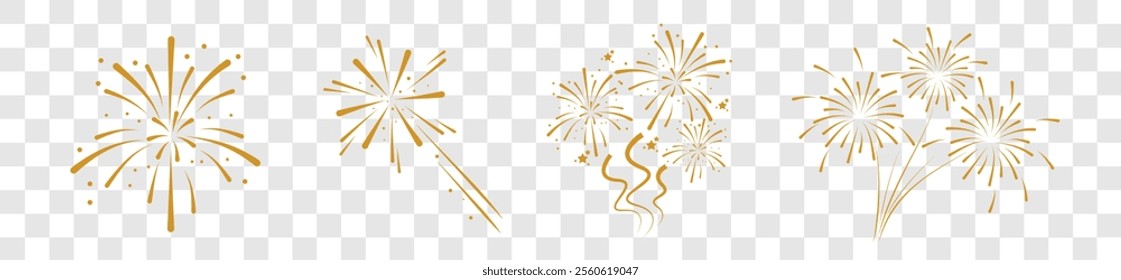 Set of golden fireworks icon. Festive fireworks with stars and sparks isolated on white background. Vibrant fireworks simple line icons.	